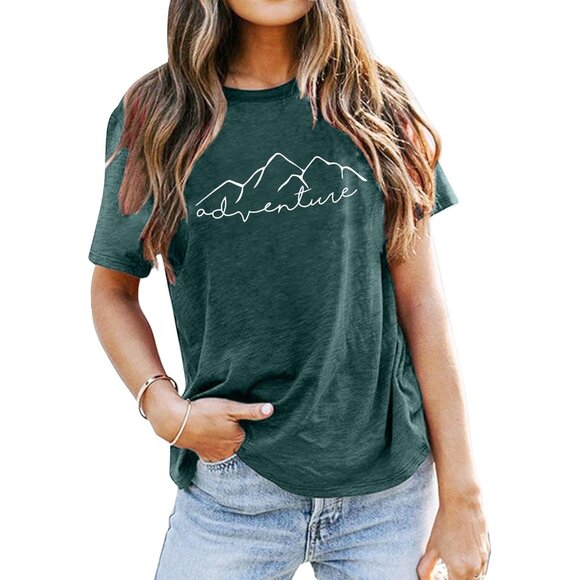 🆕Women's Green Cotton Blend Mountain Adventure Graphic Workout Hiking - Picture 1 of 6